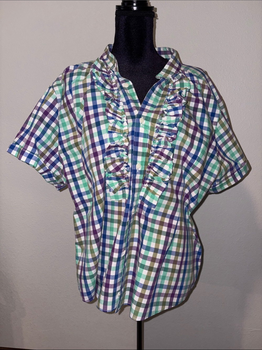 Girls' Ruffle-Front Plaid Button-Up Shirt in Blue, Green & Purple